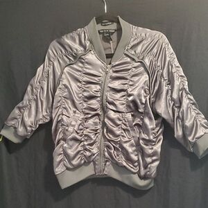 Antilia Femme Gray Bomber Jacket with Ruched Detailing